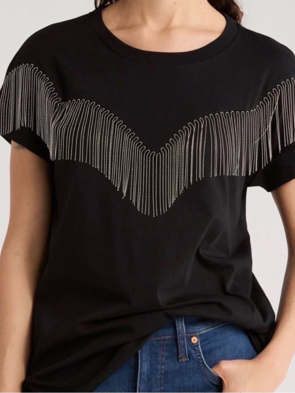 All Saints Black Short Sleeve Tee with Silver Chain Fringe Detail